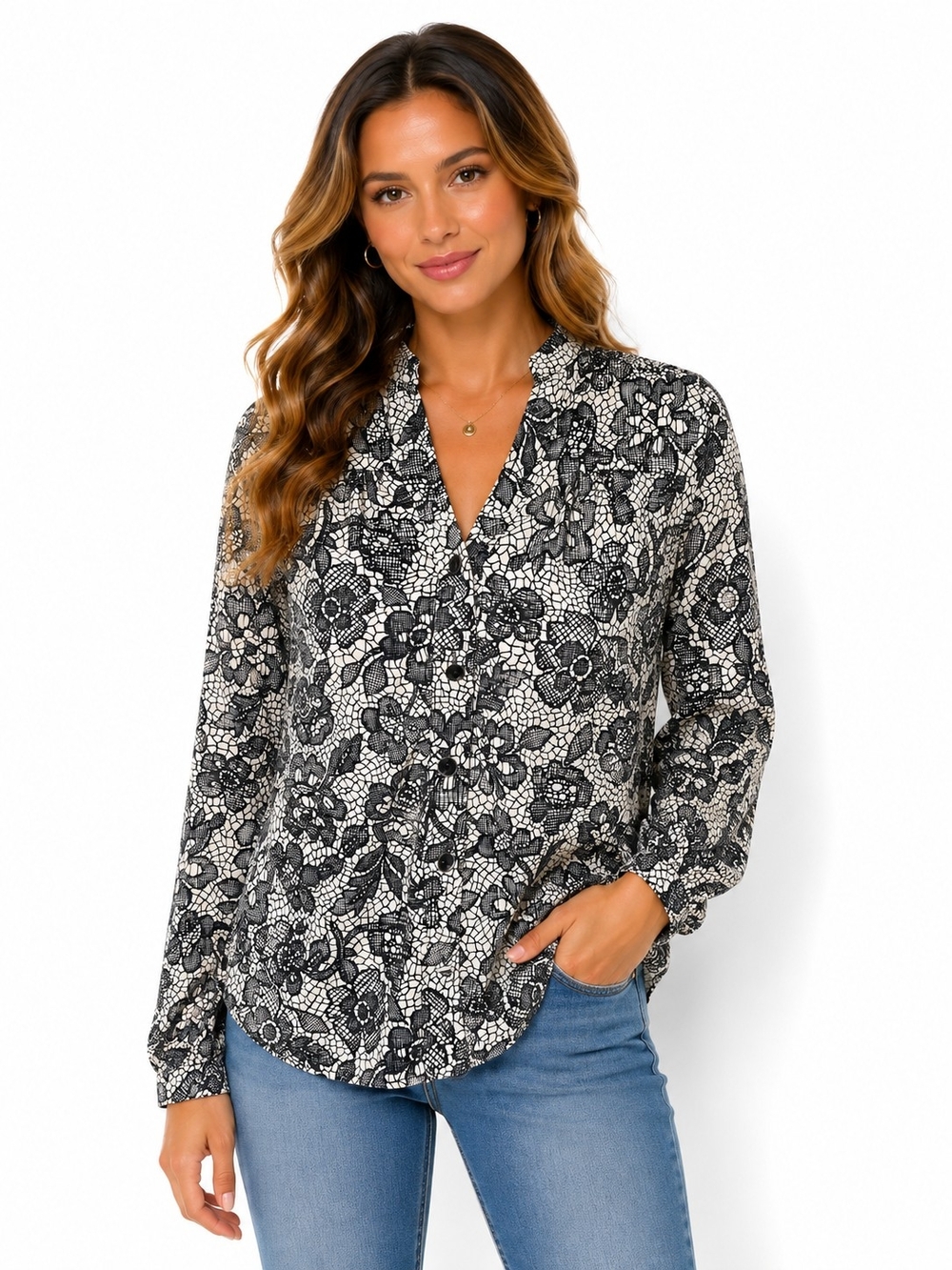 Charter Club Black and White Floral V-Neck Blouse